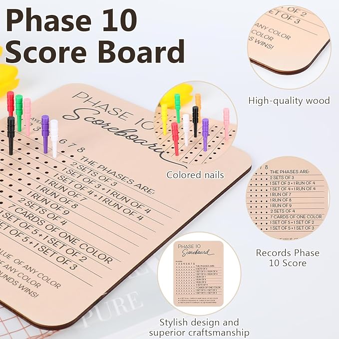 Phase 10 Score Board, Wooden Phase 10 Scoreboard, Phase 10 Score Sheets with 8 Colored Pegs, 10 Scorecard and Round Tracker, Classic Family Adults Board Card Games Night Table Score Boards