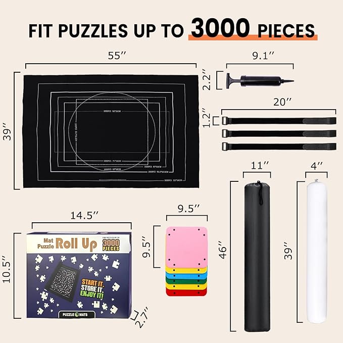 Jigsaw Puzzle Mat Roll Up - 3000 2000 1500 1000 Pieces Puzzel Matte, Black Felt Roll-Up Puzzles Felt Save Mats Trays for Sorting Board Clear Sheets and Frame Keeper for Adults