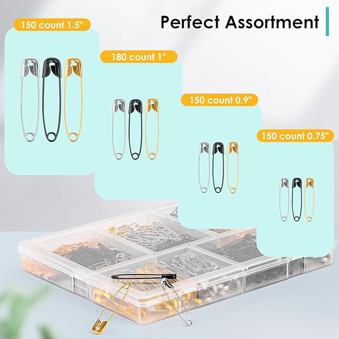630 Pack Safety Pins Assorted, 5 Different Sizes Small and Large Safety Pin for Clothes Pins Sewing, Nickel Plated Steel, Arts and Crafts Supplies (3 Colors)