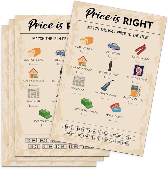 QUPT 80th Birthday Party Games, Price is Right Games, Birthday Party Supplies for Adults, Fun 1943s Party Game，Pack of 30 Cards