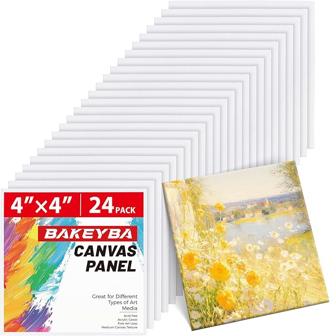 Mini Canvas Boards for Painting 24 Pack, 4x4 Inch Canvas Panels, 100% Cotton White Blank Art Supplies for Acrylics Oil Watercolor Tempera Paints