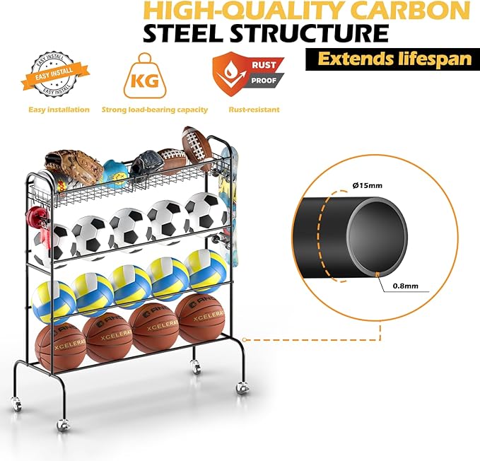 Ball Storage - 22.83" Basketball Cart With Wheels Garage Volleyball Storage Sport Equipment Holder Organizer For Indoor Outdoor,Metal Storage Rack For Playgroup,Gym And School