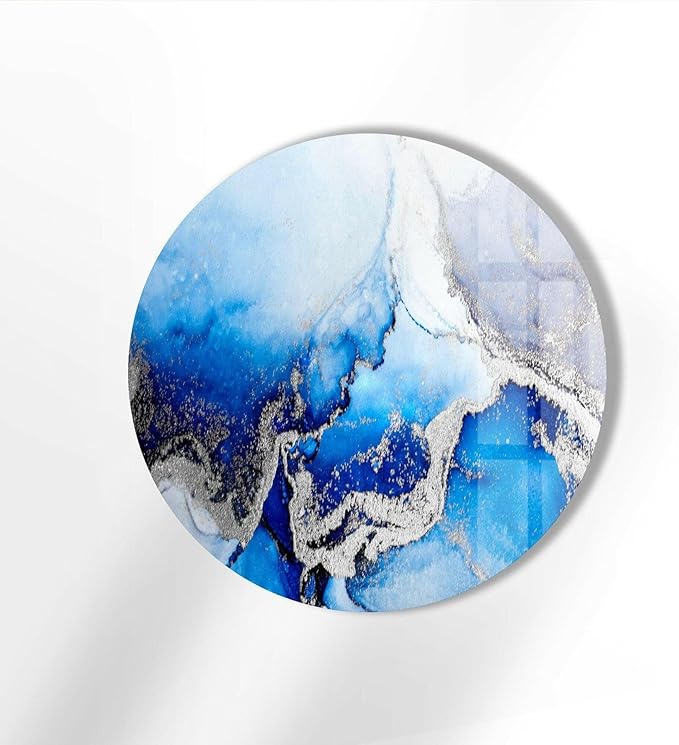 My Photostation.com 20''(50cm) Diameter Blue Marble Round with Silver Details Glass Wall Art Tempered Glass Printing Wall Decor Large Wall Art Wall Hangings