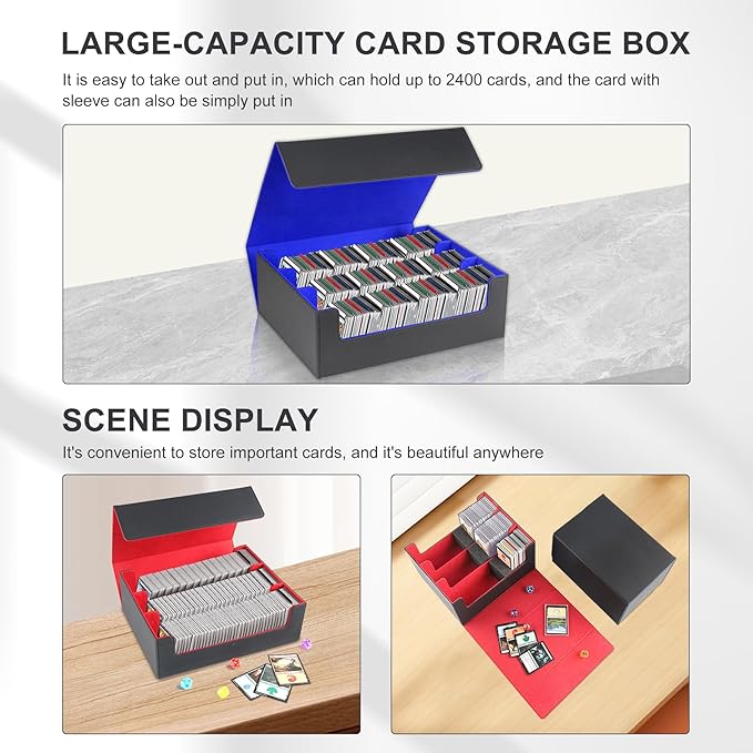 Card Storage Box for Trading Cards，2400+ Leather Magnetic Closure Commander Storage Box,Protectors Fit for YuGiOh, MTG and Sport Cards (Black, gray, 2400+)