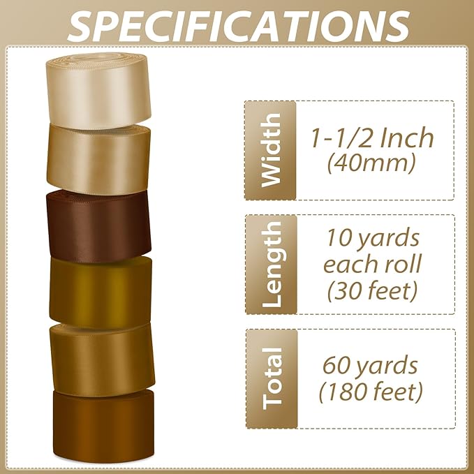 1-1/2 Inch Brown Satin Ribbons for Crafts, 6 Rolls Single-Faced Brown Assorted Ribbons for Gift Wrapping Flower Bouquet Wedding Invitations Bridal Shower Hair Bows Garland Party Decor