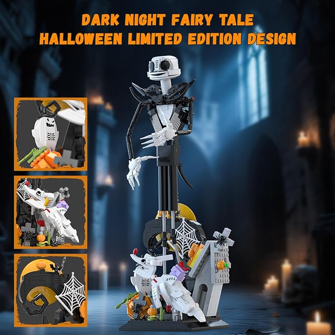 Horror Skull Building Set, Before Christmas Haunted House Building Blocks Set, Pumpkins and Skeleton Ghosts, Halloween Christmas Building Toys Gifts for Movie Fans Adults