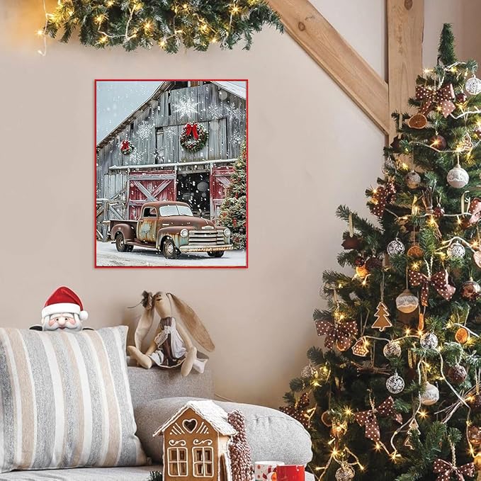 Christmas Stamped Cross Stitch Kits - Red Truck Counted Cross Stitch Kits for Beginners Adults Needlepoint Cross-Stitch Patterns Dimensions Needlecrafts Embroidery Kits Arts and Crafts