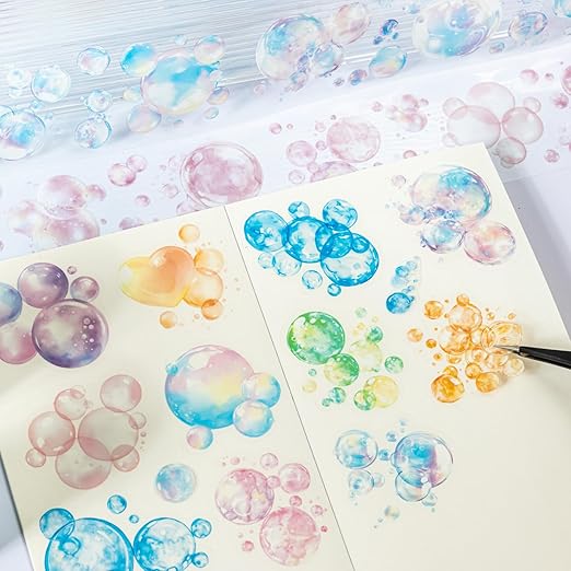6 Rolls Bubbles PET Tape Set, Pre-Cut Colorful Stickers for Journaling, Scrapbooking, and DIY Crafts, with Decorative Clip