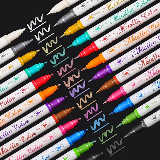 Sunshilor Metallic Markers Dual Tip Metallic Marker Pens Brush and Fine Point Pens for Black Paper, Rock Painting, Easter Egg, Halloween Pumpkin, Card Making, Metal, Ceramic, Wine Glass