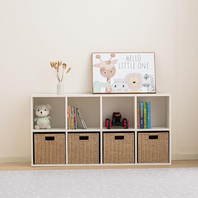 Wood 8-Compartment Storage Cabinet 8-Cube Storage Cabinet Organizer Wooden Cubby Bookshelf White 2 tier Open Cabinet Qquare Cubby Shelf for Home Office Living Room (8-Cube, 11 in Shelf Opening)
