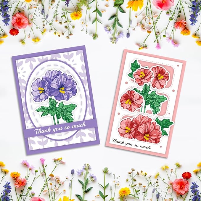 ORIGACH Geranium Layering Stencil Stamp and Die Set for Card Making, Flower Stencil Template Silicone Clear Stamps and Metal Die Sets for DIY Scrapbooking Photo Album Crafting
