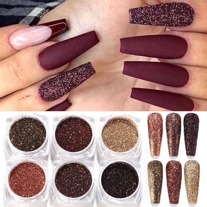 6 Colors Holographic Nail Art Glitter, Ultra Fine Metallic Shining Glitter Dust, Retro Champagne Golden Reflective Sugar Dipping Pigment for DIY Gel Polish Nail Art Decoration, Resin Craft