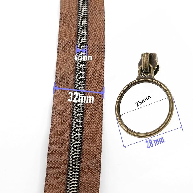 Leekayer #5 Antique Brass Metallic Nylon Coil Zippers by The Yard Bulk 10 Yards with Ring Pulls(Brown Tape with 25pcs Brass Sliders for DIY Sewing Tailor Craft Bag(Brown)