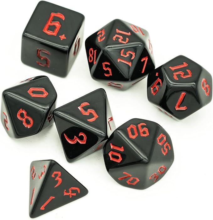 7-Die Polyhedral DND Dice Set, Black D&D Dice with Leather Pouch for Role Playing Games, Black with Red Number, D4 D6 D8 D10 D12 D20 D%
