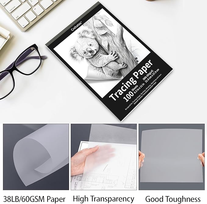 Crehatos 8.5" x 11" Tracing Paper, Translucent Tracing Pad, 100 Sheets 38lb/60gsm Vellum Art Paper