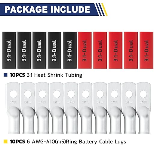 haisstronica 10pcs 6 AWG - #10 Tinned Copper Battery Lugs, Heavy Duty Copper Wire Lugs with 10pcs 3:1 Adhesive Heat Shrink Tubing, 6 Gauge Wire Lugs, Tinned Copper Battery Cable Ends