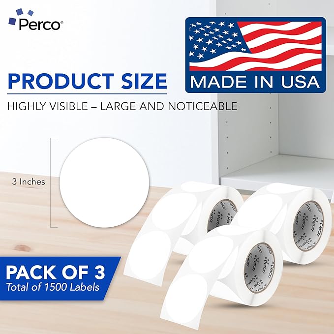 Perco White 3-Inch Round Circle Dot Sticker Labels - Multi-Roll Pack (3 Rolls, 500 Labels Each) - Permanent Adhesive, Vibrant Colors, Strong Hold - Perforated for Easy Use - Made in USA