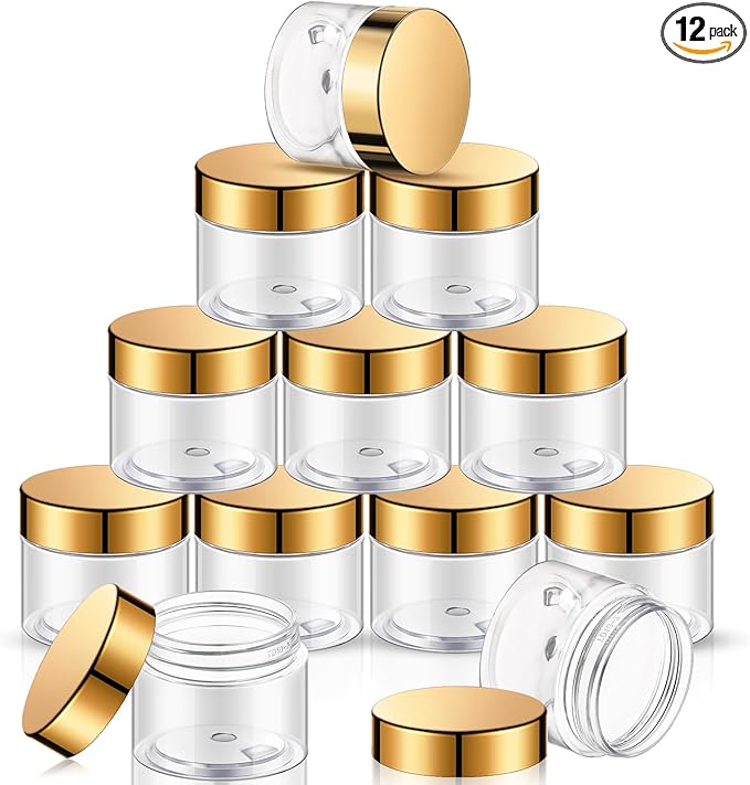 SATINIOR 12 Pack 16 oz Plastic Container Jars with Lids Round Clear Travel Cosmetic Container Slime Jars for Toiletries, Lotion, Cream, Ointments, Makeup, Rhinestone, Samples, Kitchen Storage(Gold)