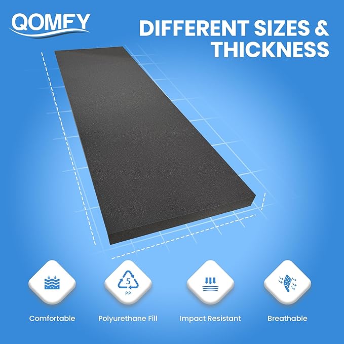 QOMFY 6" Height x 12" Width x 48" Length Charcoal Upholstery Foam Sheet | Made in USA | Multi-Purpose Foam for Upholstery, DIY, Packaging & Acoustic Projects