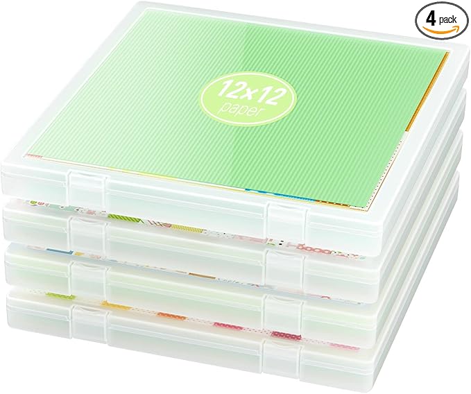 iBune 4 Pack 12x12 Scrapbook Paper Storage, Plastic Storage Organizers Craft Storage Box, Art Supply Puzzle Storage Box, Inner Size 12.2 x 12.2 x 0.85 in