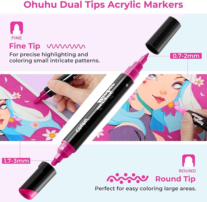 Ohuhu Acrylic Paint Markers 60 Colors: Dual Tips (Round & Fine) Acrylic Markers High Opacity Paint Pens Waterproof Lightfast for Rock Painting Easter Eggs Wood Glass Ceramic Canvas - Kakaako