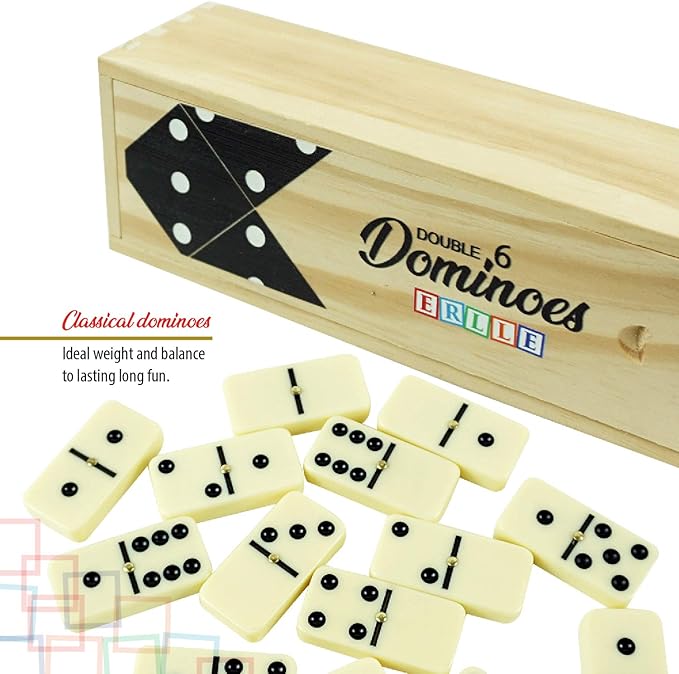 ERLLE - Dominoes Set, Premium Classic 28-Piece Double Six Domino Set with Wooden Case, Family & Kids Board Game, Mexican Train, Chicken Foot, and Classic Domino Games