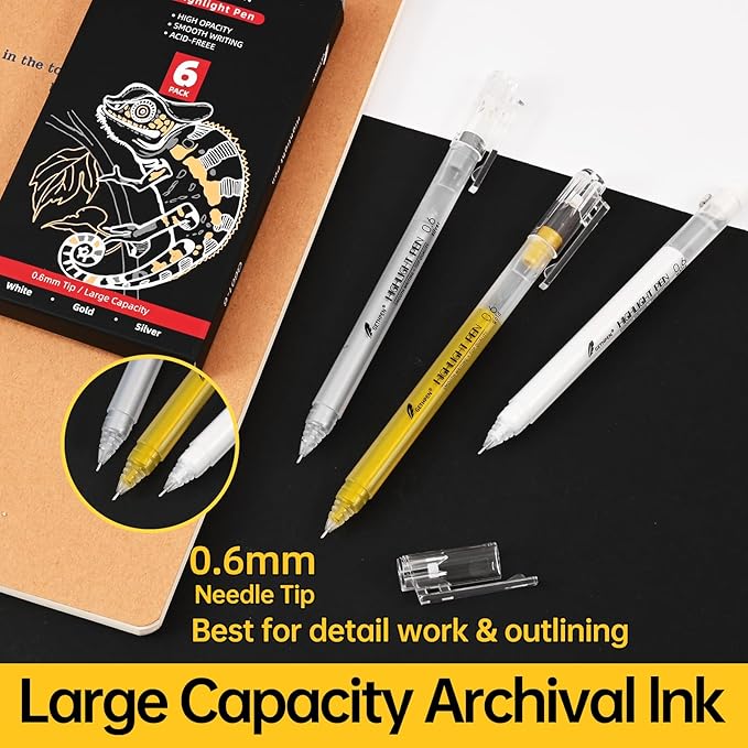 0.6mm Fine Point Gold Gel Pens, 3-Pack for Artists Drawing on Black Paper, Sketching, Adult Coloring Books & Holiday Crafts
