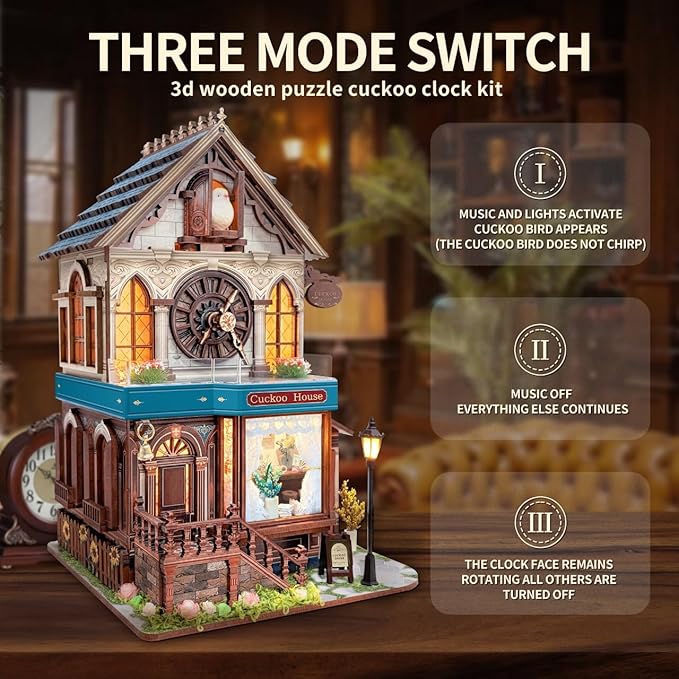 3D Wooden Puzzles - Miniature Cuckoo Clock House Kit, DIY Wooden Building Set for Adults and Teens, Mini Model Kit with 3-Mode Touch Switch - Cuckoo House (SQ-61)
