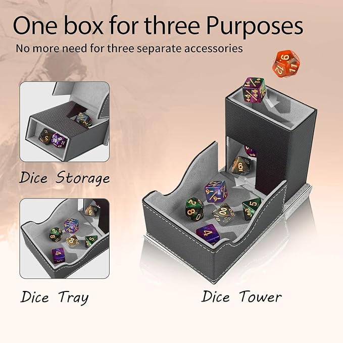 Dice Tower and Tray, Portable Commander Deck Box, Foldable Dice Storage Box for Dungeons and Dragons Rolling Tray Black/Grey