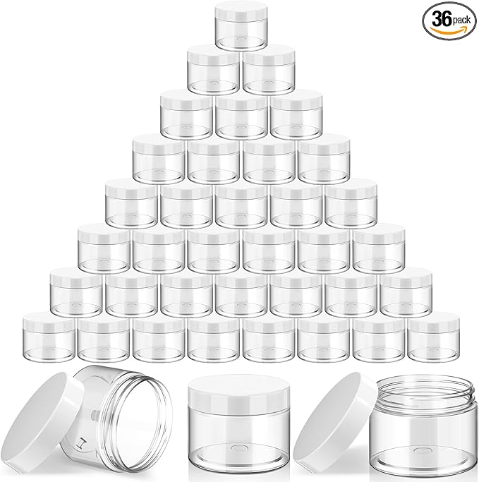 SATINIOR 36 Pieces 6 oz Plastic Jars with Lids Wide Mouth Airtight Reusable Container Acrylic Cosmetic Small Jars for Lotions Ointments Travel Toiletries Creams Make up Storage(White)