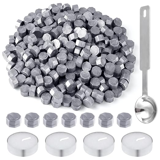 500 Pcs Silver Wax Seal Beads Octagon Sealing Wax Beads with 4 Pcs Tea Candles and 1 Pcs Wax Melting Spoon for Crafts Letter Wine Greeting Cards Sealing