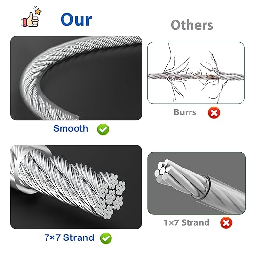 3/16" Wire Rope, 50Ft PVC Coated Steel Cable 7×7 Strand Core, Ideal Cable Railing System for Stair Handrail Balusters Porch Fence Deck, String Light Hanging, Clothesline, Curtains, Shade Sail