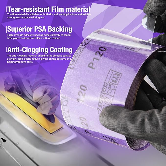 150 Grit PSA Purple Film Ceramic Sandpaper Roll, 2-3/4" Wide Continuous 10 Yard Longboard Sanding Roll Wet Dry Sanding Blocks Self Adhesive Sticky Back Sanding Sheets for Woodworking Automotive