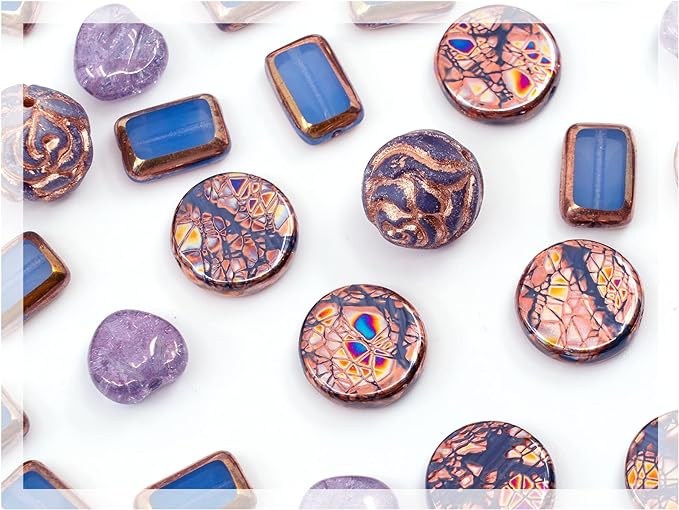 2.1oz (60g) of Glass Focal Bead Mix with Roses, Table-Cut and Cracked Czech Beads, PG Blue Copper Violet