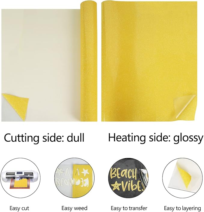 guangyintong Glow Glitter Gold Heat Transfer Vinyl HTV Rolls, 12" x 8ft Iron on Vinyl for T-Shirts, Glitter HTV Vinyl for All Cutter Machines Easy to Cut & Weed for DIY Design