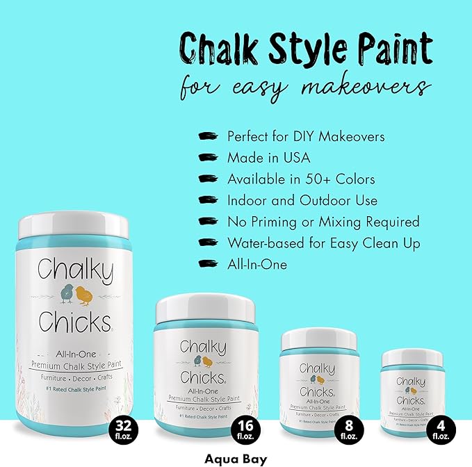 Chalky Chicks All-in-One Chalk Paint for Furniture or Cabinet - 8 Fl Oz - Matte Finish Aqua Bay (Aqua Blue) for Metal, Wood Furniture Paint - No Sanding All-in-One for Home Decor & Crafts, USA Made