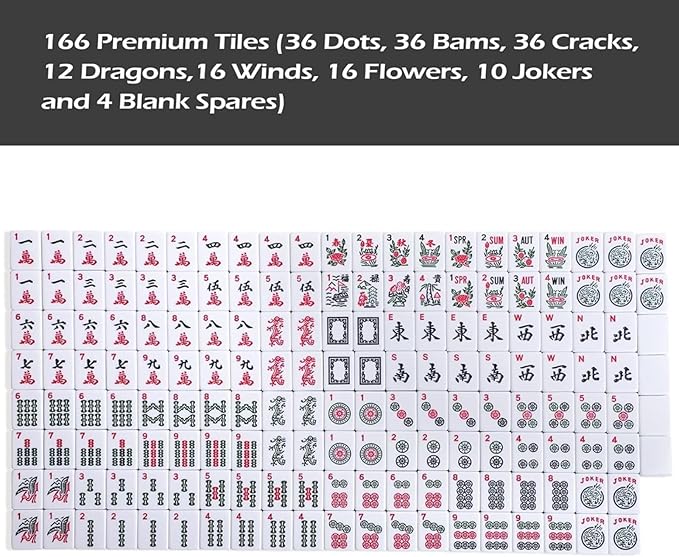 American Mahjong Game Set, 166 White Tiles, 4 All-in-One Color Rack/Pushers, Complete Mahjong Set with Pink Printed Carrying Bag
