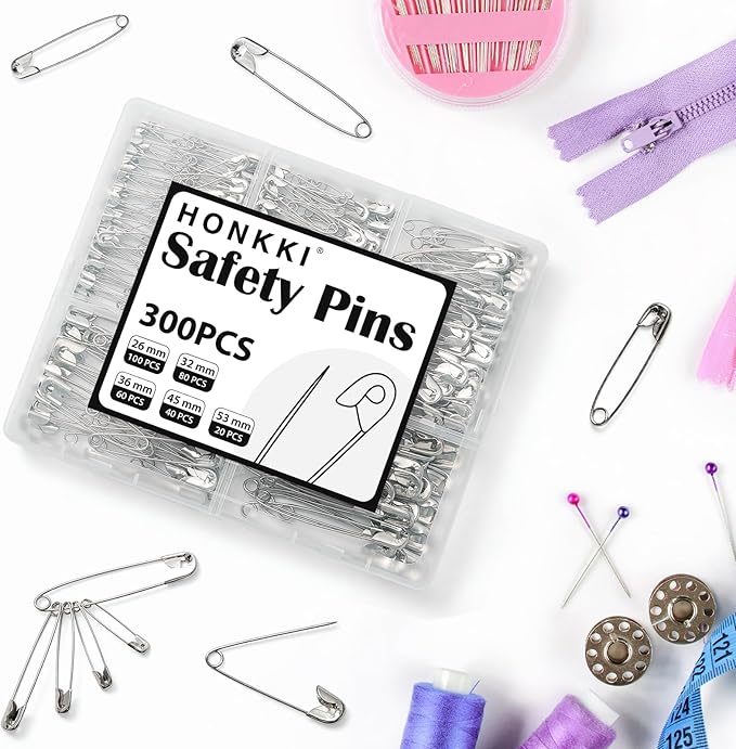 Silver Safety Pins 300 PCS, 5 Assorted Sizes of Durable, Small and Large Safety Pins Bulk, Sharp Edge Pins for Clothes, Sewing, Arts & Craft