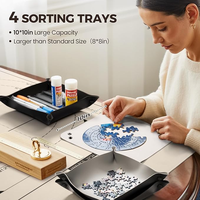 ropoda 1500 Pieces 46" x 26 "Puzzle Mat Roll Up, Puzzle Saver with 4 Large Sorting Trays & Travel Storage Bag, Portable Rollup Puzzles Keeper (White)