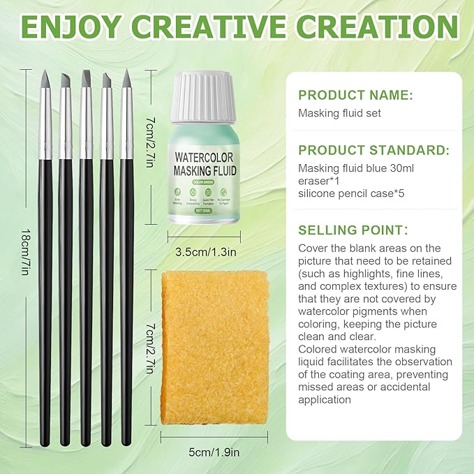WANJAO Masking Fluid for Watercolor Painting, Liquid Masking Tape with Silicone Pens Cleaning Brush for Painting Fast Drying Easy Peel Use to Art Watercolor Supplies Retouching Covering, 30ml Green