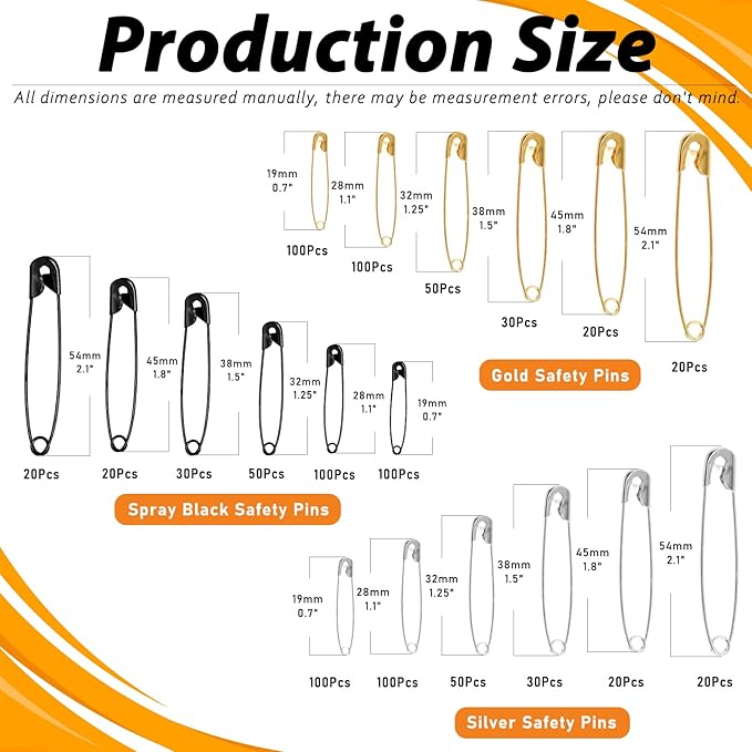 960Pcs Safety Pins Assorted 6 Sizes Variety Pack Large and Small Metal Safety Pin Gold Silver Black for Clothing Art Crafts Sewing Quilting Jewelry Making