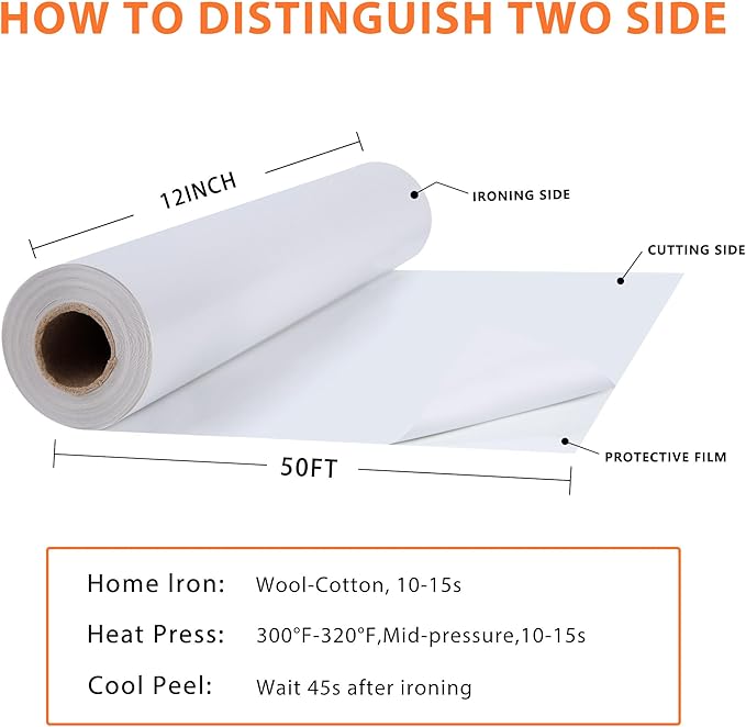 RENLITONG White Iron on Vinyl 12Inch by 50ft Roll HTV Heat Transfer Vinyl for T-Shirt HTV Rolls for All Cutter Machine - Easy to Cut & Weed for Heat Transfer Design