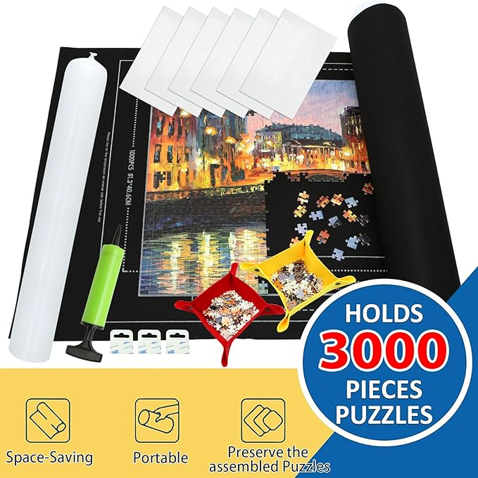 3000pc Jigsaw Puzzle Mat Roll Up, Black Felt, Classic Style, Portable, 39" x 39", 6+ Years