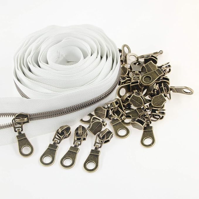 Leekayer #5 Antique Brass Metallic Nylon Coil Zippers by The Yard Bulk 10 Yards White Tape with 25pcs Antique Brass Sliders for DIY Sewing Tailor Craft Bag(White)