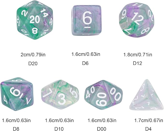 7-Die DND Dice Set Polyhedral Dice Set with a Leather Dice Bag, D&D Dice Set for RPG Table Games (Transparent Green Mix Purple)