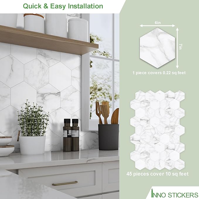 45-Sheet Hexagon Peel and Stick Backsplash, 6" x 7" White Calacatta Marble Looks Self Adhesive Wall Tile, Stone Composite Stick on Decorative Mosaic Tile for Kitchen Bathroom Fireplace