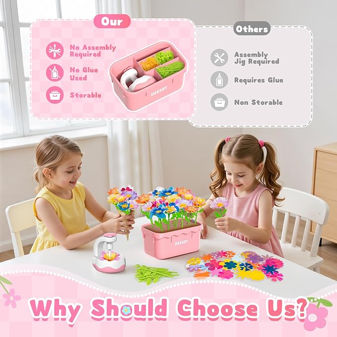 Deesry Fabric Flower Bouquets Toys, Storable Flower Making Kit for Kids, DIY Arts and Crafts for Kid, DIY Creative Flowers Craft Kits Toys for Kids, Birthday Gifts for 3 4 5 6 7 8 Year Old Girls