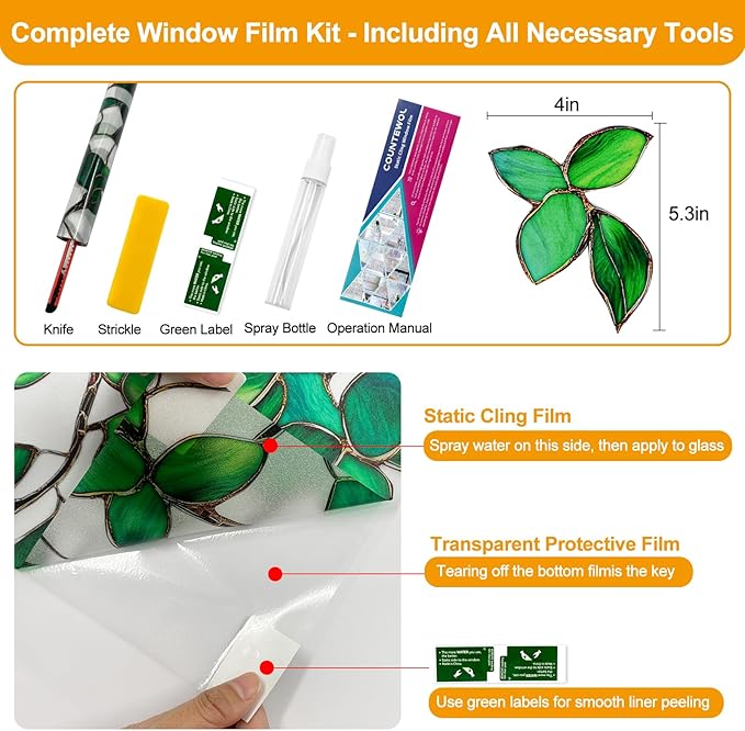 Window Privacy Film Stain Glass Window Film Rainbow Window Film Window clings Non-Adhesive Reusable Decorative for Room (Frosted Greenery Leaf, 23.6 x 78.7 in)