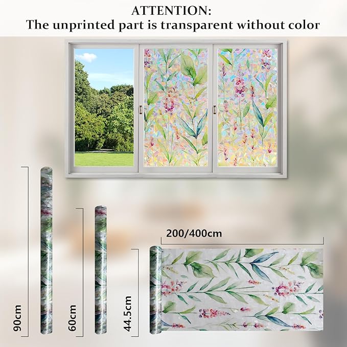 Donox Decorative Window Privacy Film, 3D Floral Stained Glass Window Film Static Cling Rainbow Privacy Sticker for Glass Door Heat Control Anti UV, No Adhesive (Gladiolus,17.5 x 157.4 inches)