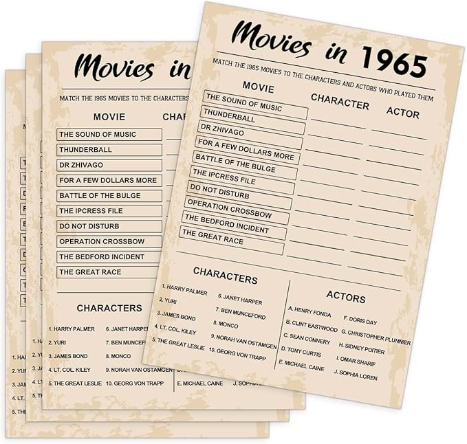 60th Birthday Party Games, Movies in 1965 Games, Birthday Party Supplies for Adults, Fun 1965s Party Game，Pack of 30 Cards